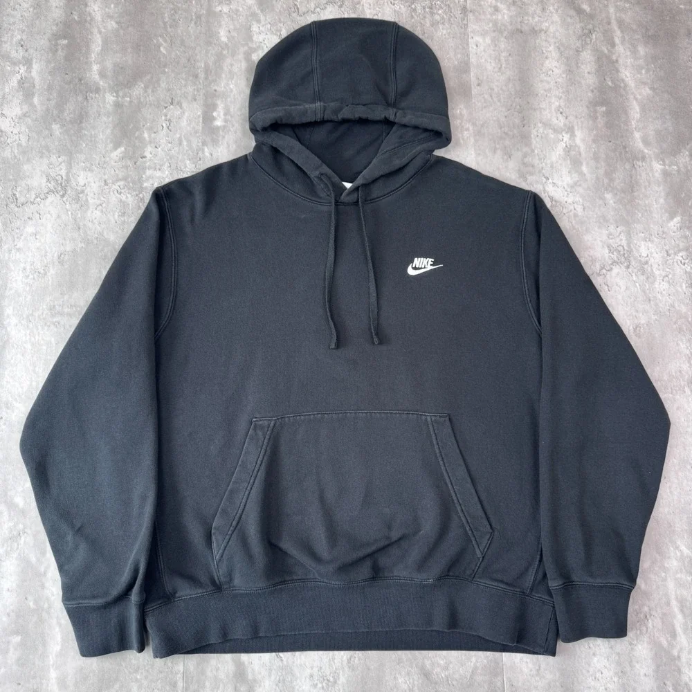 Nike Swoosh Hoodie Mens Large Black Embroidered Logo Sweatshirt Grunge Y2K